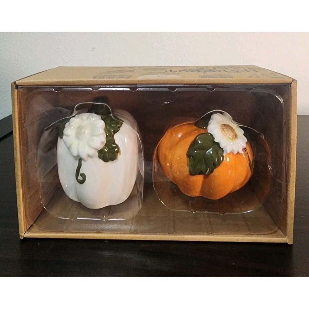 Harvest Falls Pumpkin Salt & Pepper Shaker Set 2pc Ceramic Fall Thanksgiving NIB